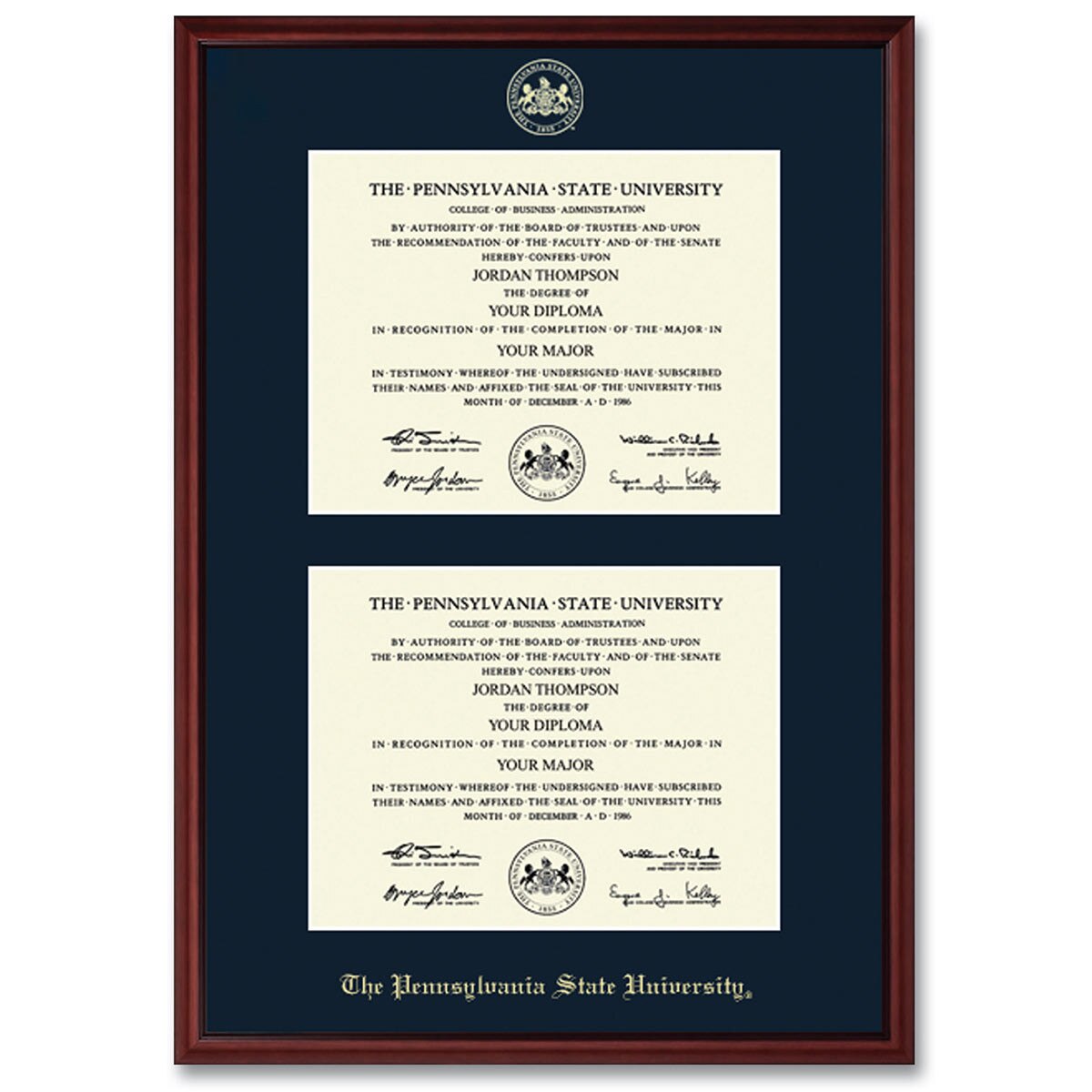 double diploma frame Camby molding The Pennsylvania State University gold embossed with seal
